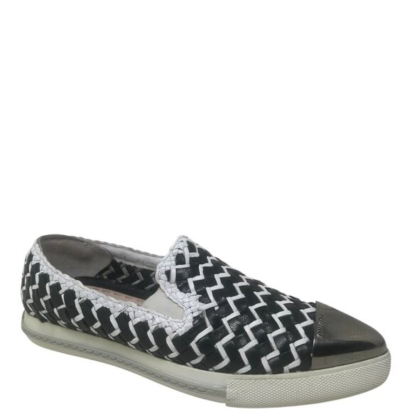 Rare Miu Miu Black & White Woven Leather Metal Cap Toe Slip On Sneakers Size 9 - Picture 1 of 14